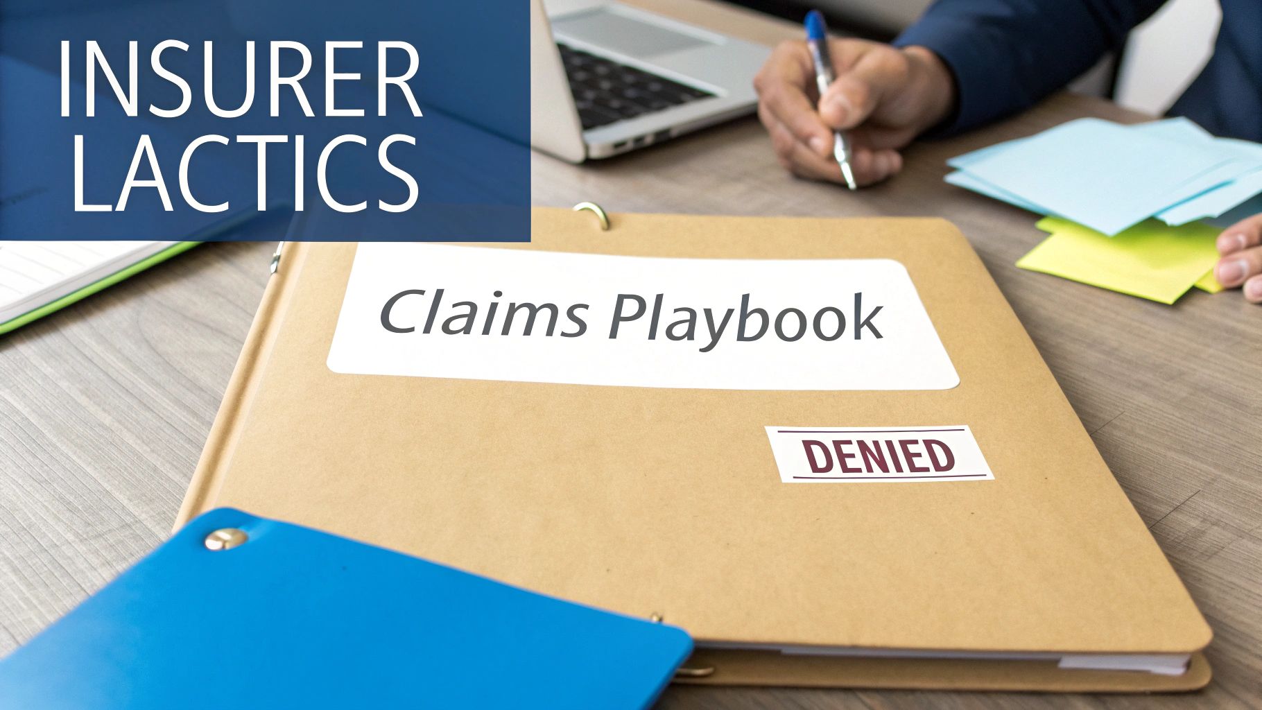 A file folder labeled 'Claims Playbook' with a 'DENIED' stamp, symbolizing insurer tactics.