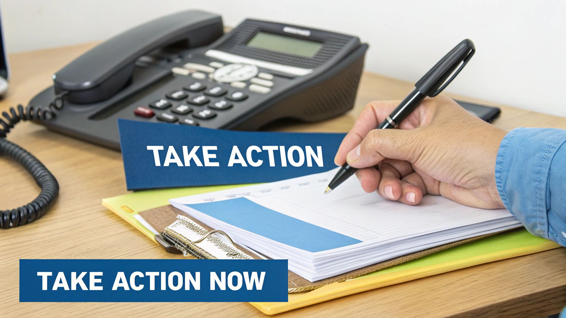 A person's hand writing in a planner on a wooden desk with a phone and 'TAKE ACTION' signs.