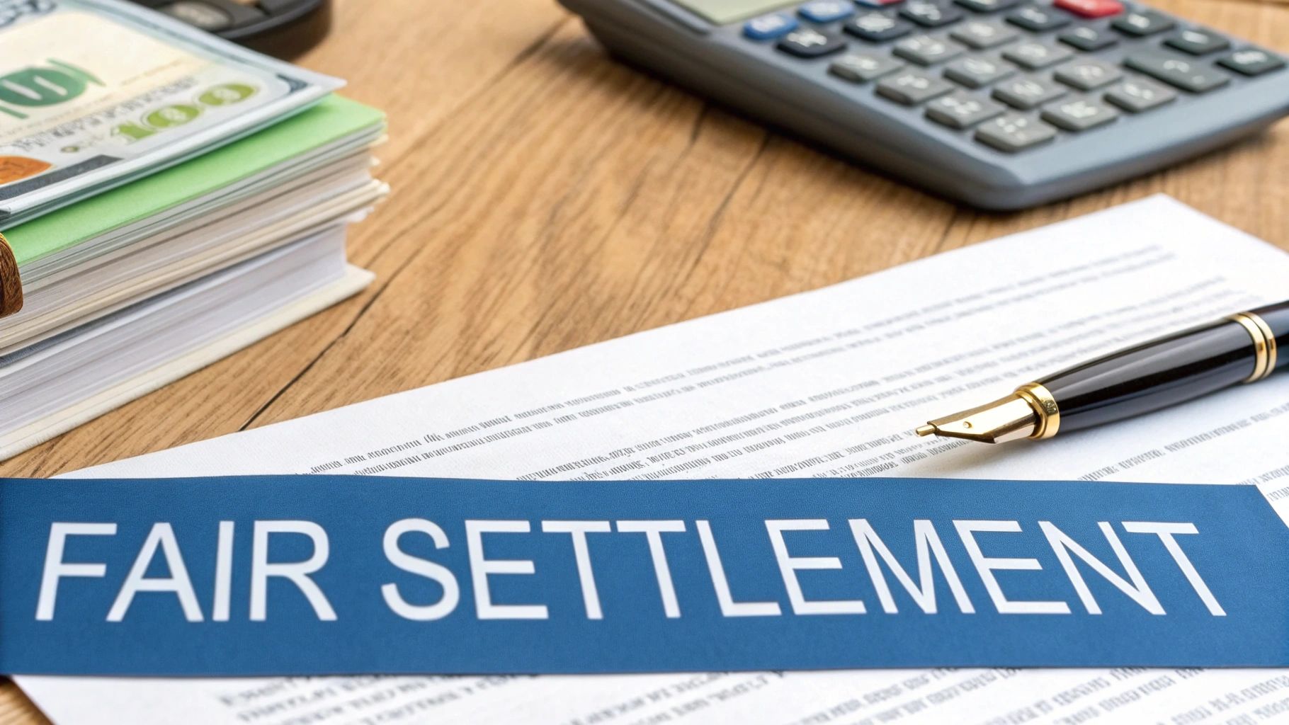 A blue strip with 'Fair Settlement' text on a document, with money, papers, and a calculator.