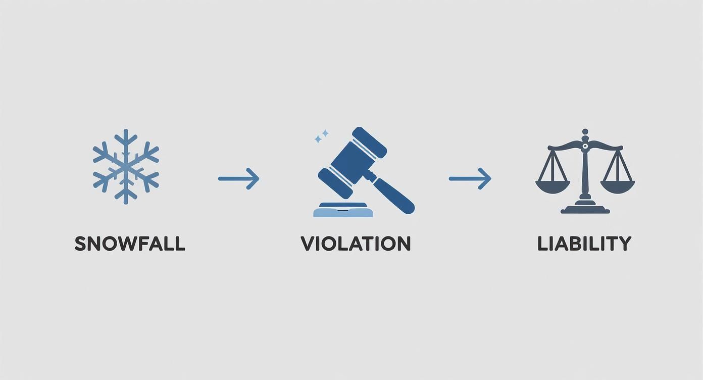 An infographic illustrates snowfall leading to a legal violation and resulting in liability.