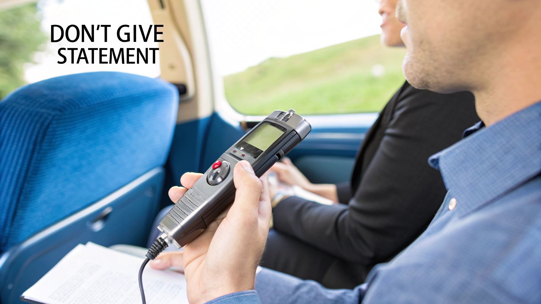 A person holds a voice recorder, with a prominent text overlay: 'DON'T GIVE STATEMENT', suggesting legal caution.