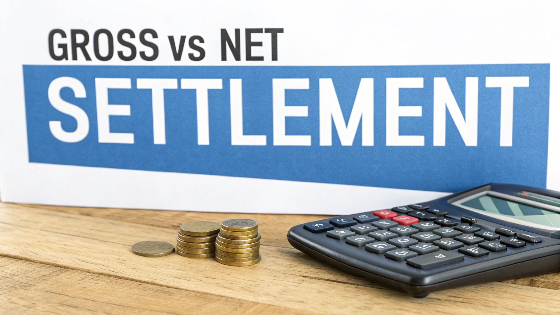 A paper sign with 'GROSS vs NET SETTLEMENT' displayed alongside coins and a calculator on a wooden table.