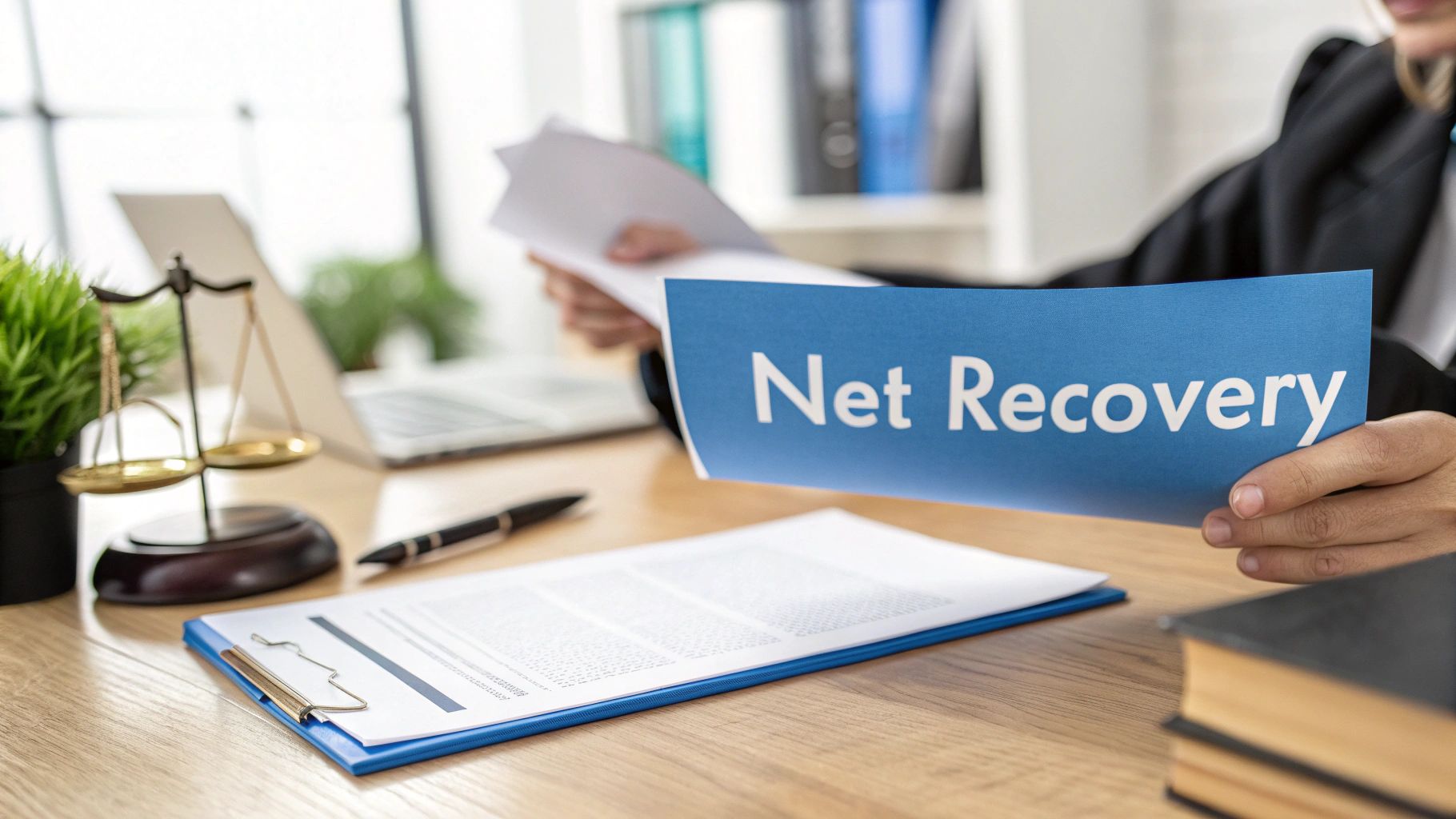 A person holding a blue document labeled "Net Recovery" at a desk with legal scales and papers.