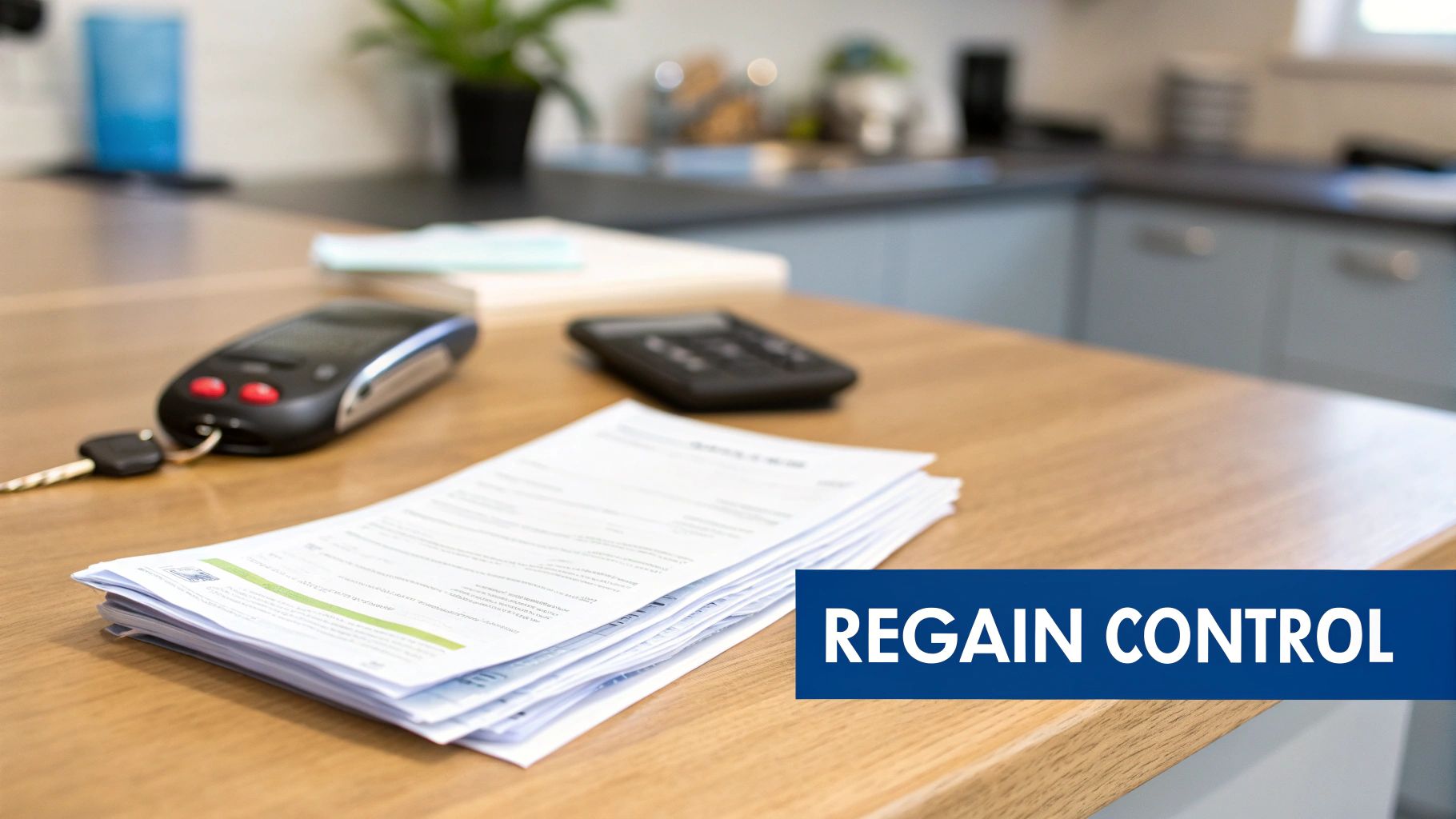 Car keys, documents, and calculator on desk representing regaining control after accident