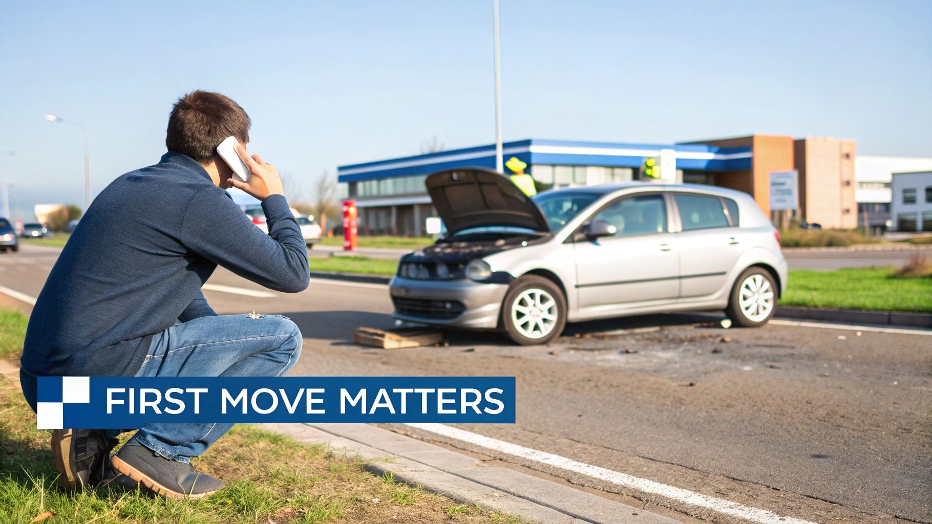 Man on phone near broken down car after an accident on the side of the road.