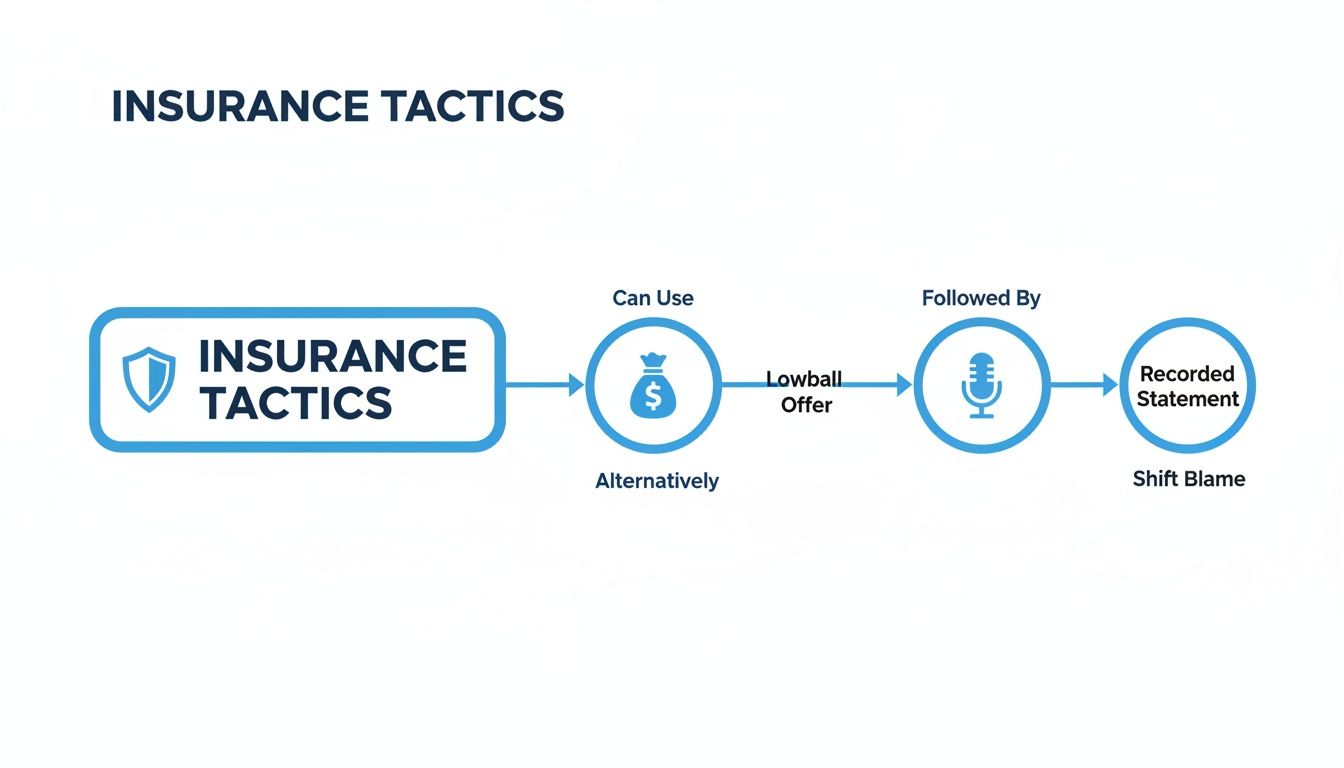 Flowchart illustrating common insurance tactics: lowball offers, recorded statements, and shifting blame.