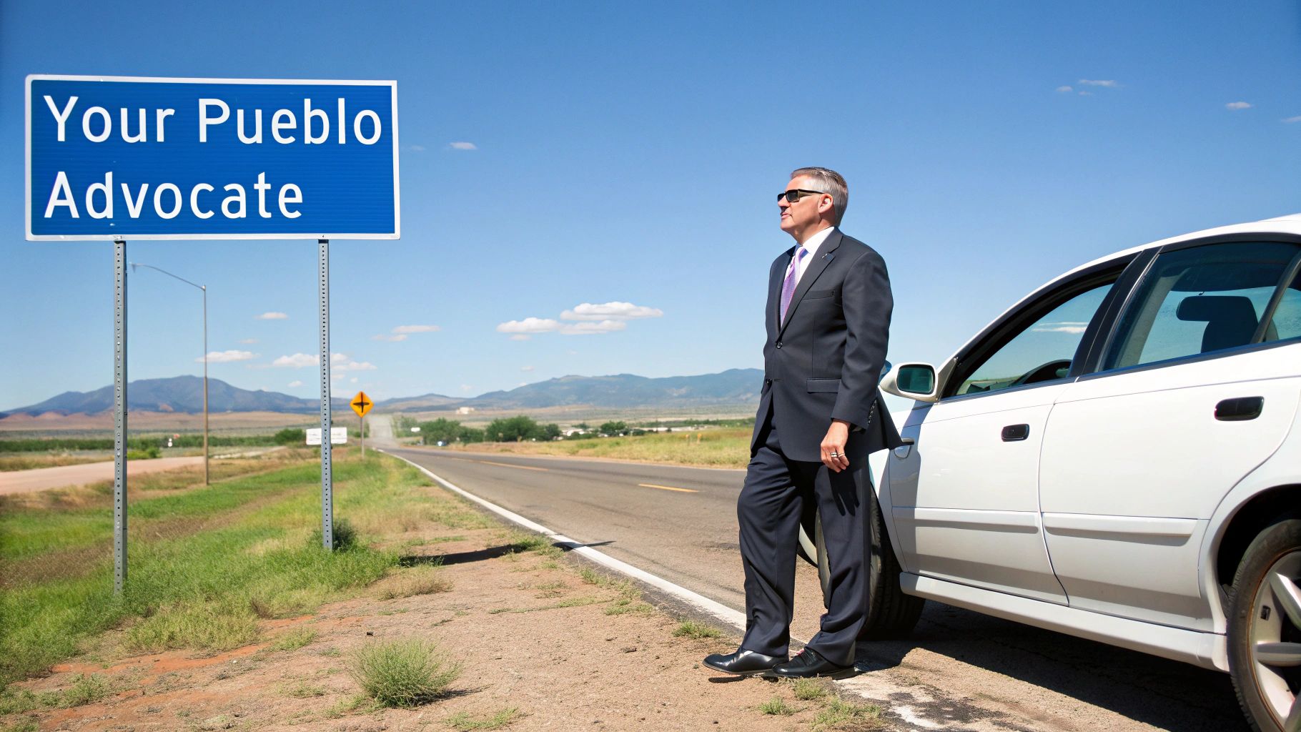 A man in a suit and sunglasses stands by a white car on a road, with a "Your Pueblo Advocate" sign.