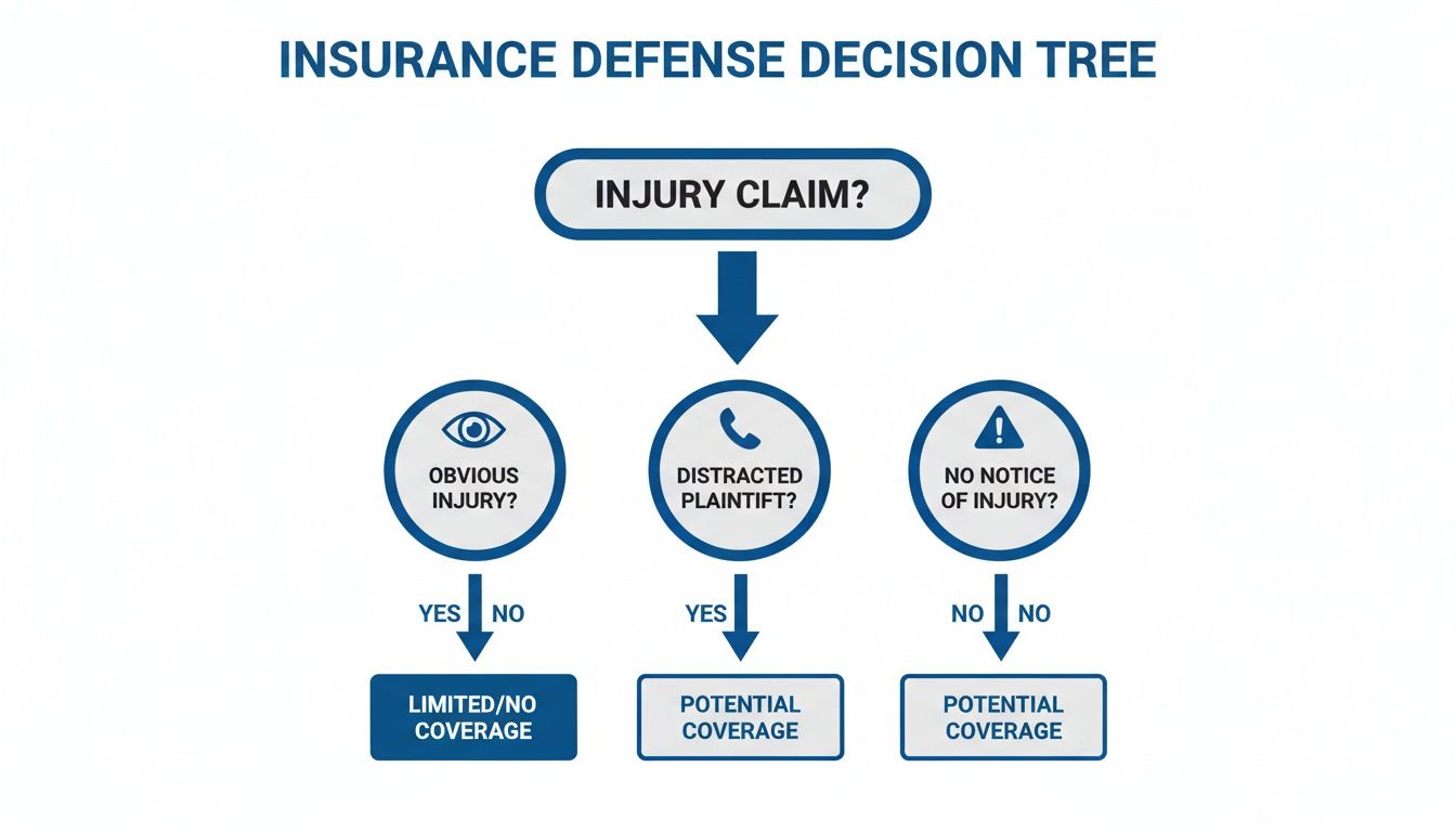 Insurance defense decision tree flowchart for injury claims, determining limited or potential coverage.