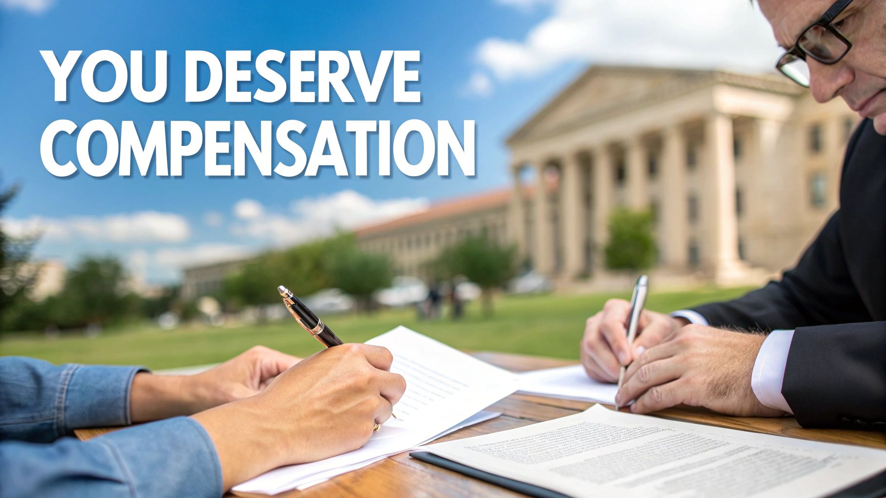 Two people signing legal compensation documents outdoors with government building in background