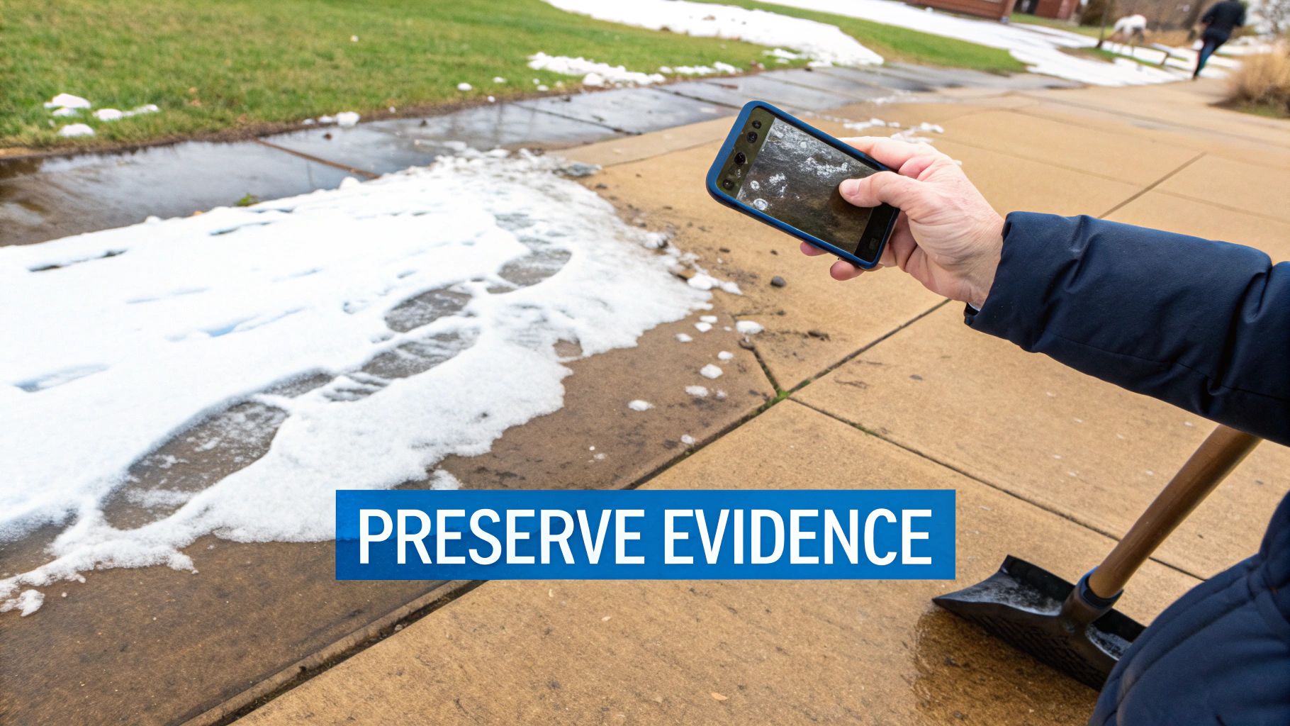 Person using smartphone to photograph icy sidewalk conditions documenting slip and fall evidence
