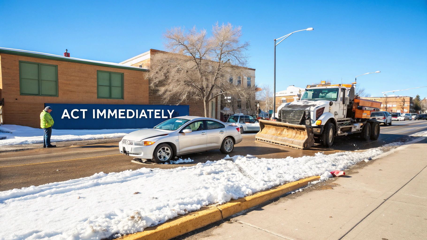 A silver car and a snow plow truck after an accident on a snowy street, a man stands near an 'ACT IMMEDIATATELY' sign.
