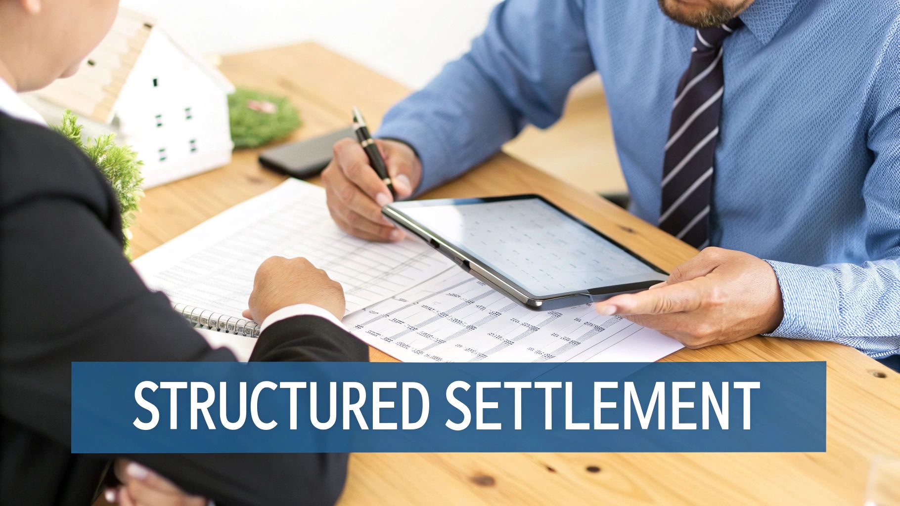 Two professionals discuss a structured settlement, reviewing documents and a tablet at a wooden desk.