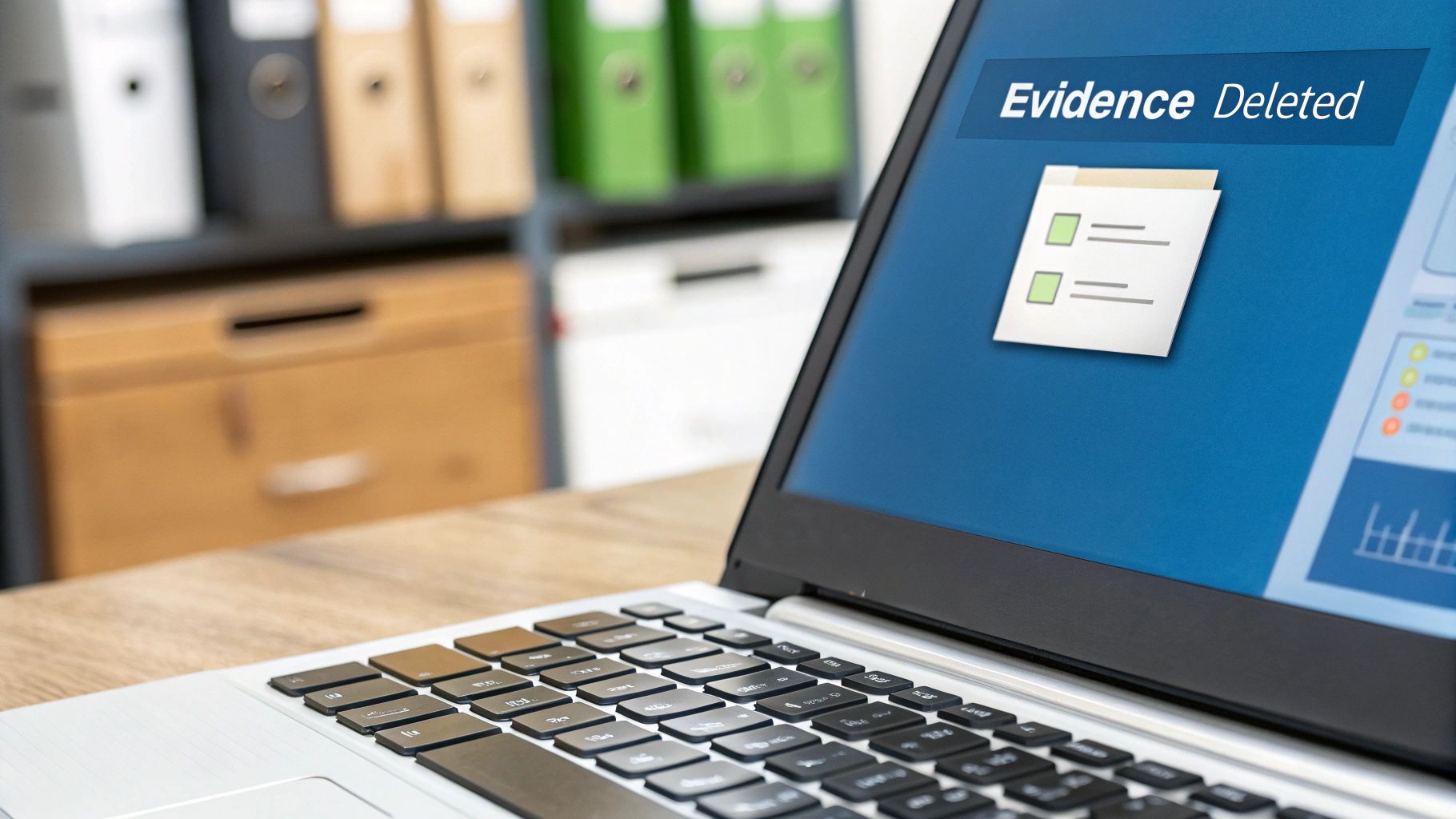 Laptop screen displaying 'Evidence Deleted' message and a document icon in a blurred office setting.
