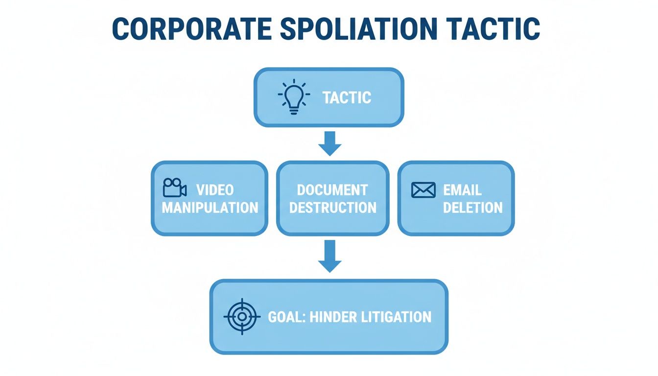 A corporate spoliation tactic flowchart shows video manipulation, document destruction, and email deletion to hinder litigation.