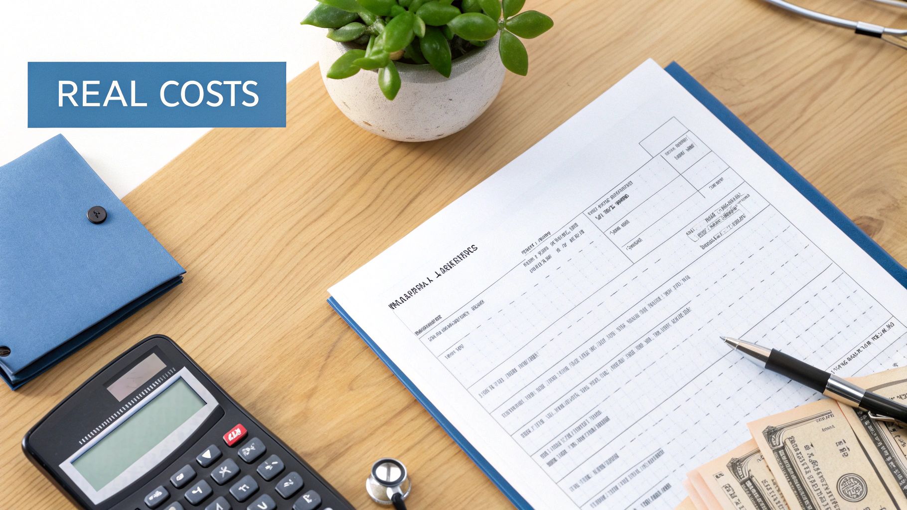 Overhead view of a desk with a medical form, calculator, stethoscope, cash, and "REAL COSTS" text.