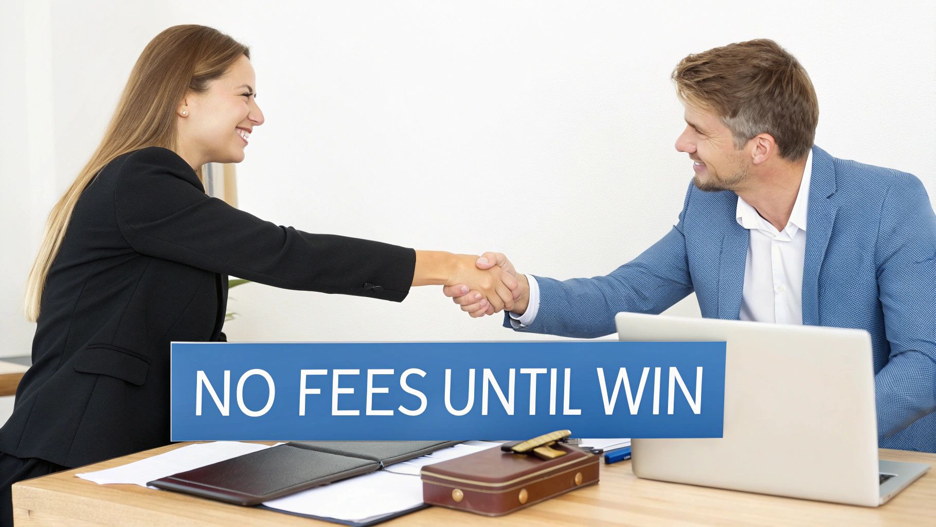 Smiling woman and man shaking hands at a desk, with text 'NO FEES UNTIL WIN' prominent on a blue banner.