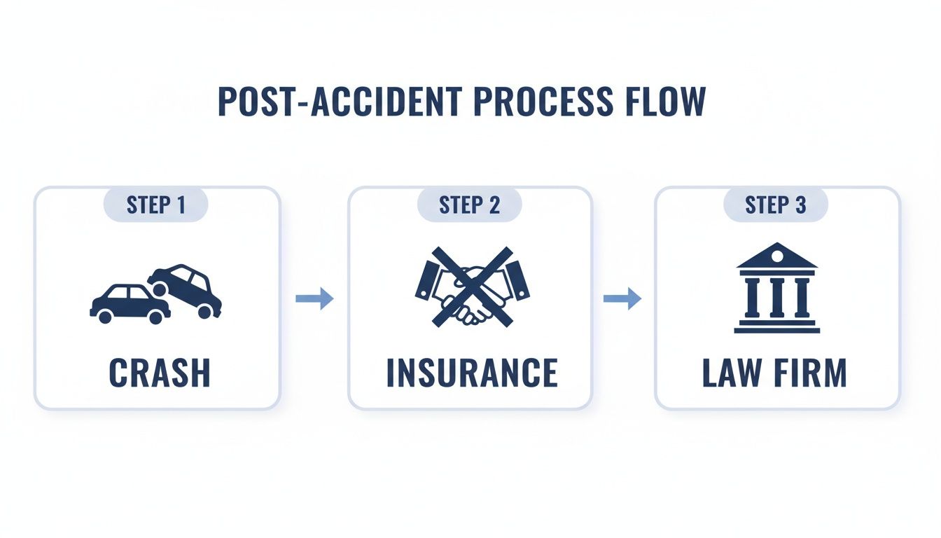 Infographic illustrating the three steps of a post-accident process: crash, insurance problems, and engaging a law firm.