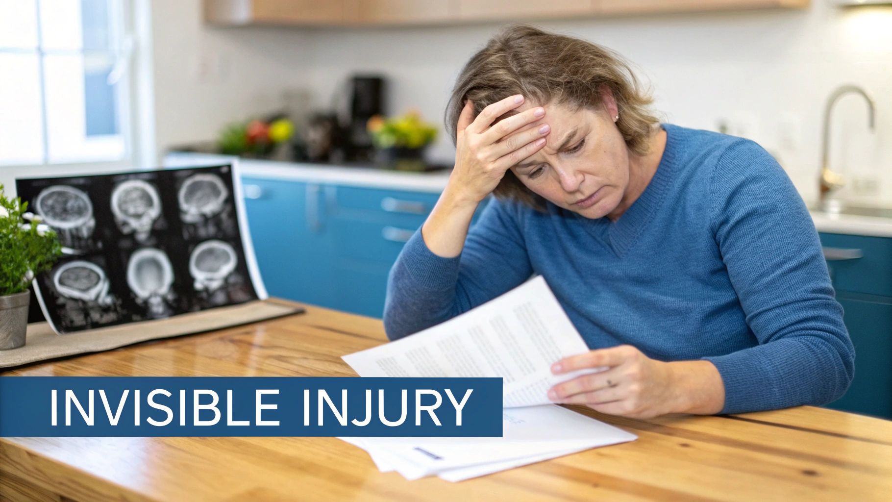 A distressed woman looks at brain MRI scans and papers, symbolizing an invisible injury.