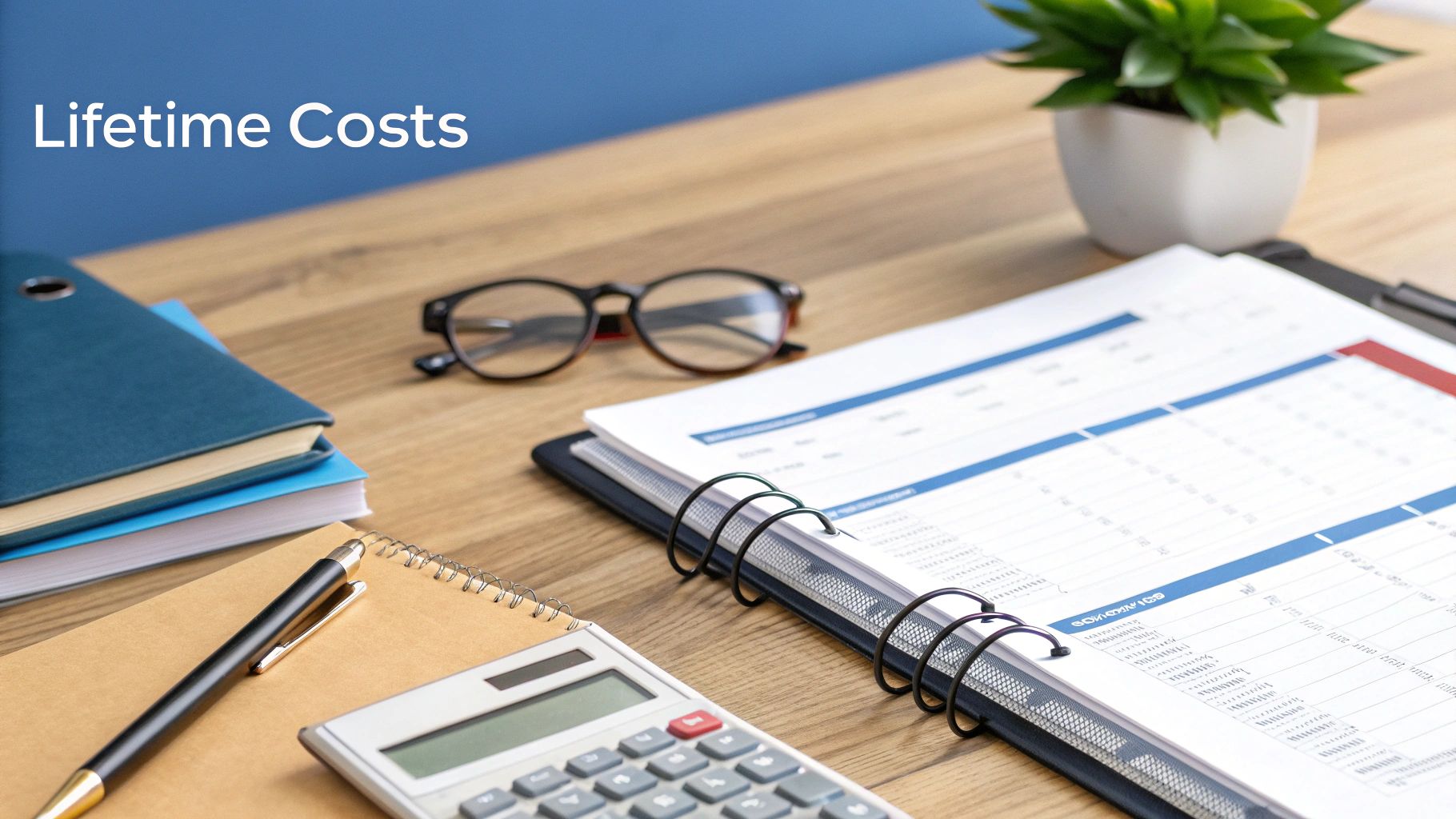 A desk with a calculator, financial documents, glasses, and notebooks, illustrating the lifetime costs of a TBI.