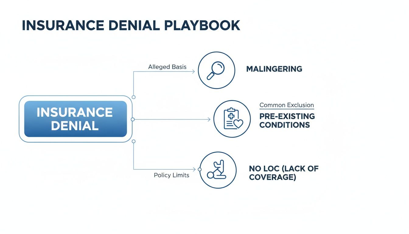 Flowchart illustrating the playbook for insurance denial, detailing reasons like malingering, pre-existing conditions, and lack of coverage.