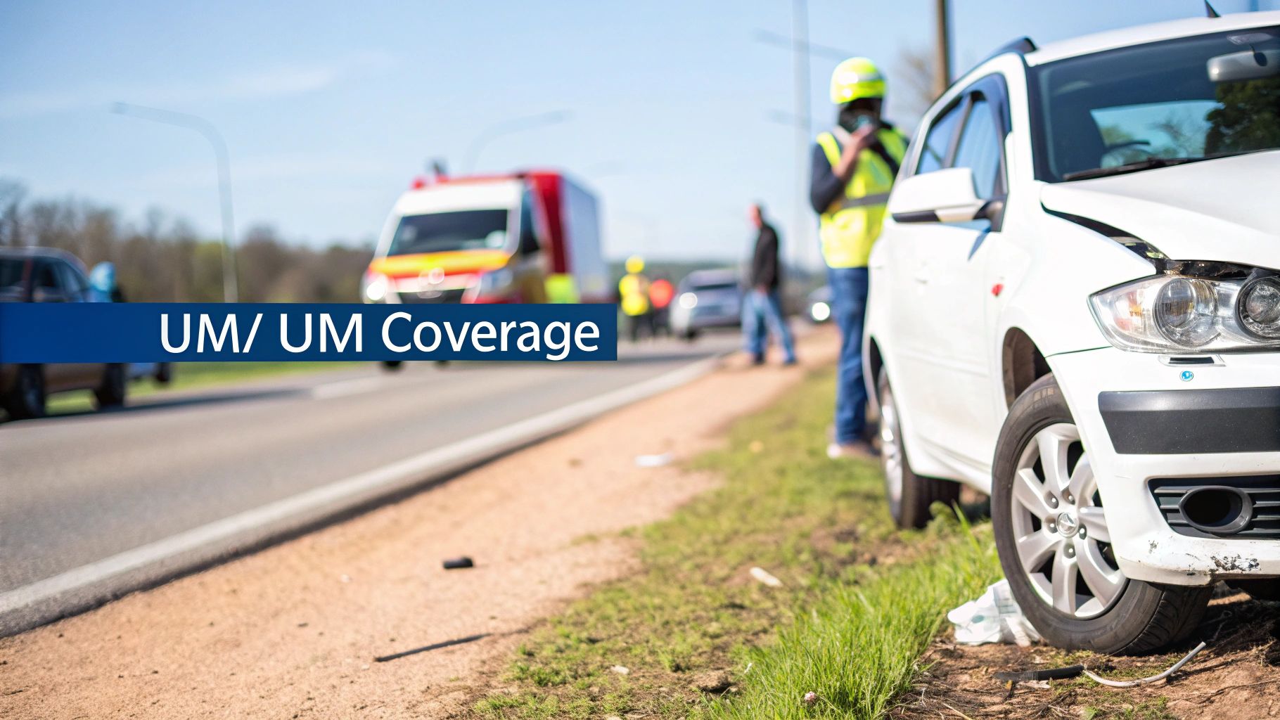 Scene of a car accident with a damaged white vehicle, an ambulance, and emergency personnel.