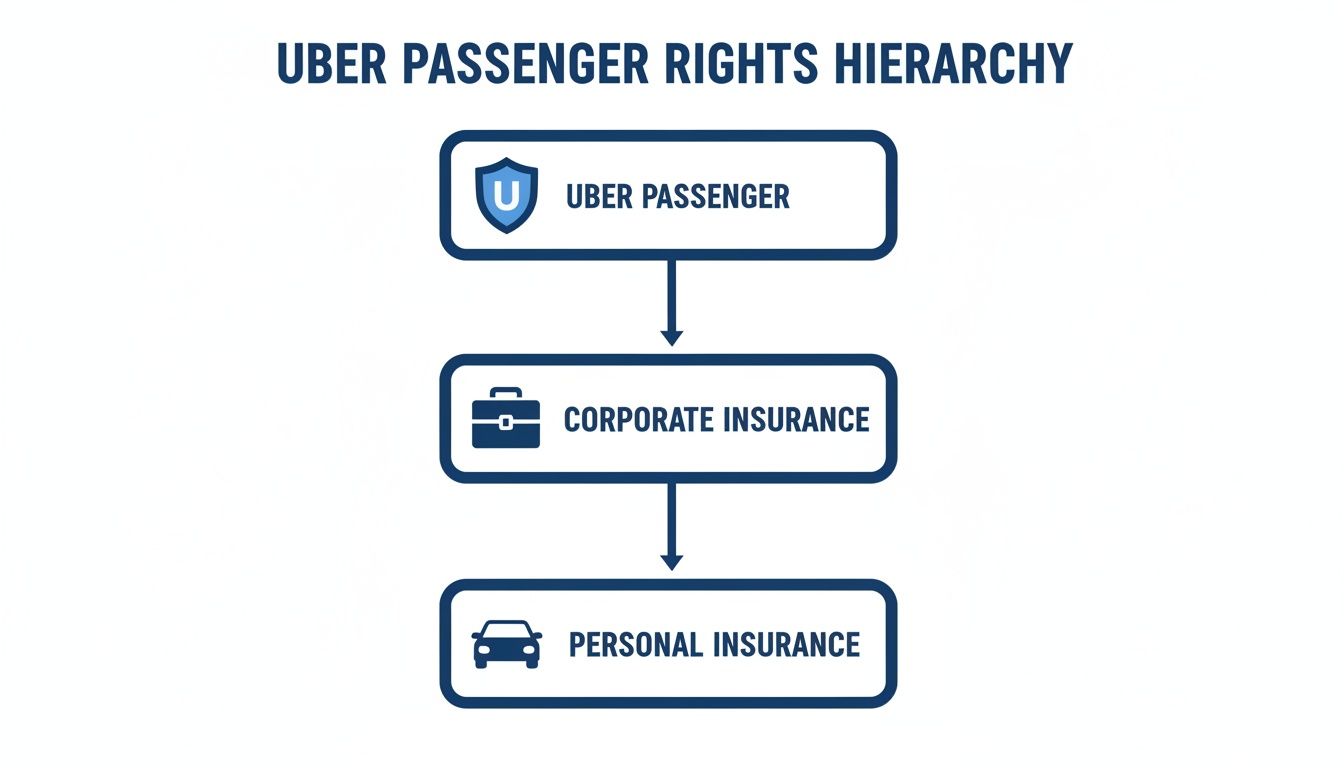 Diagram illustrating the Uber passenger rights hierarchy, showing corporate and personal insurance.