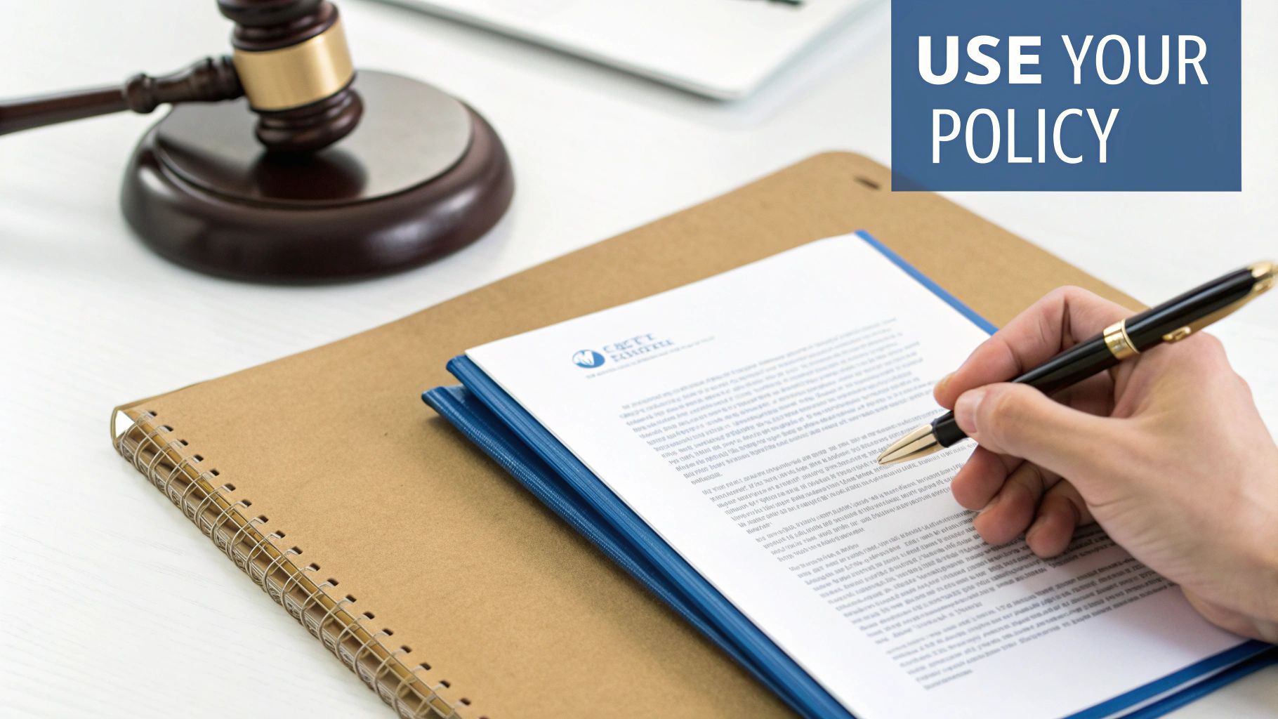 A hand signs a policy document on a desk with a gavel, with 'USE YOUR POLICY' text.