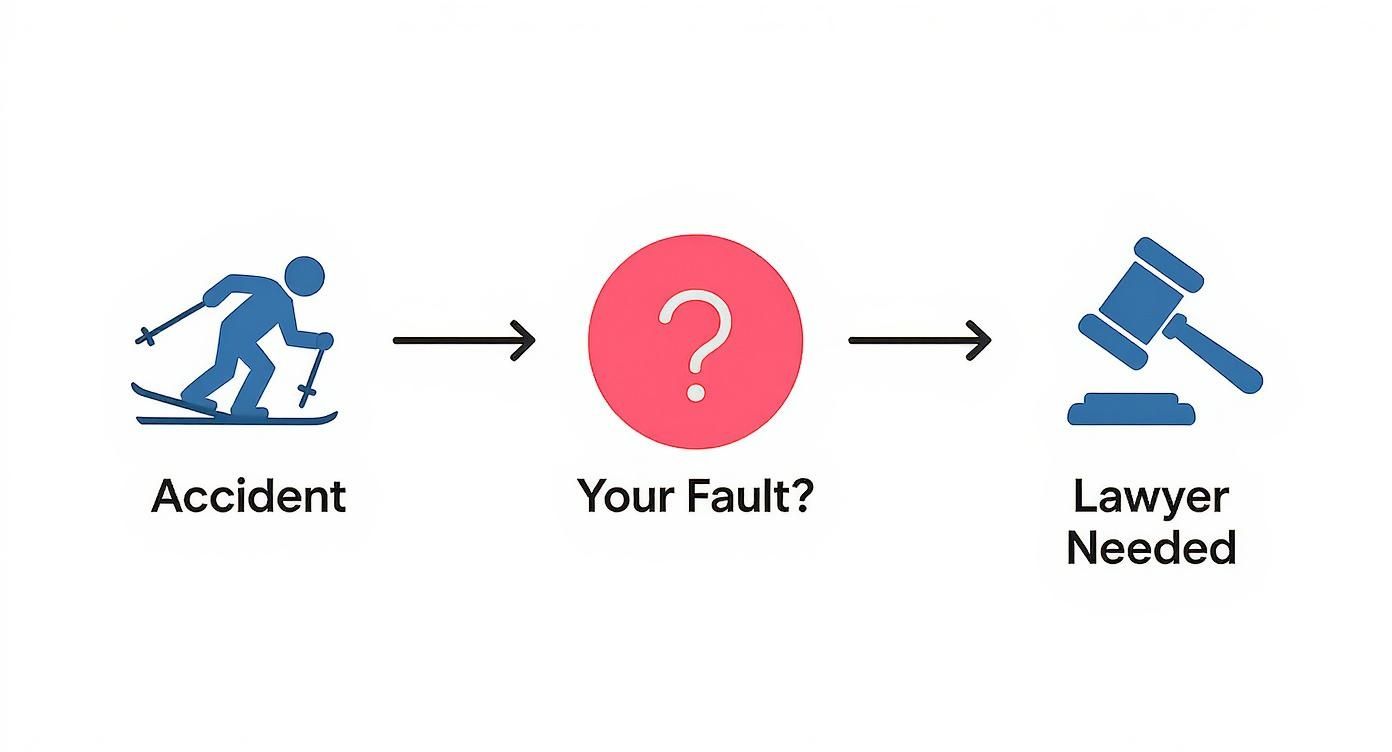 Flowchart depicting a ski accident, followed by questioning fault, and then needing a lawyer.