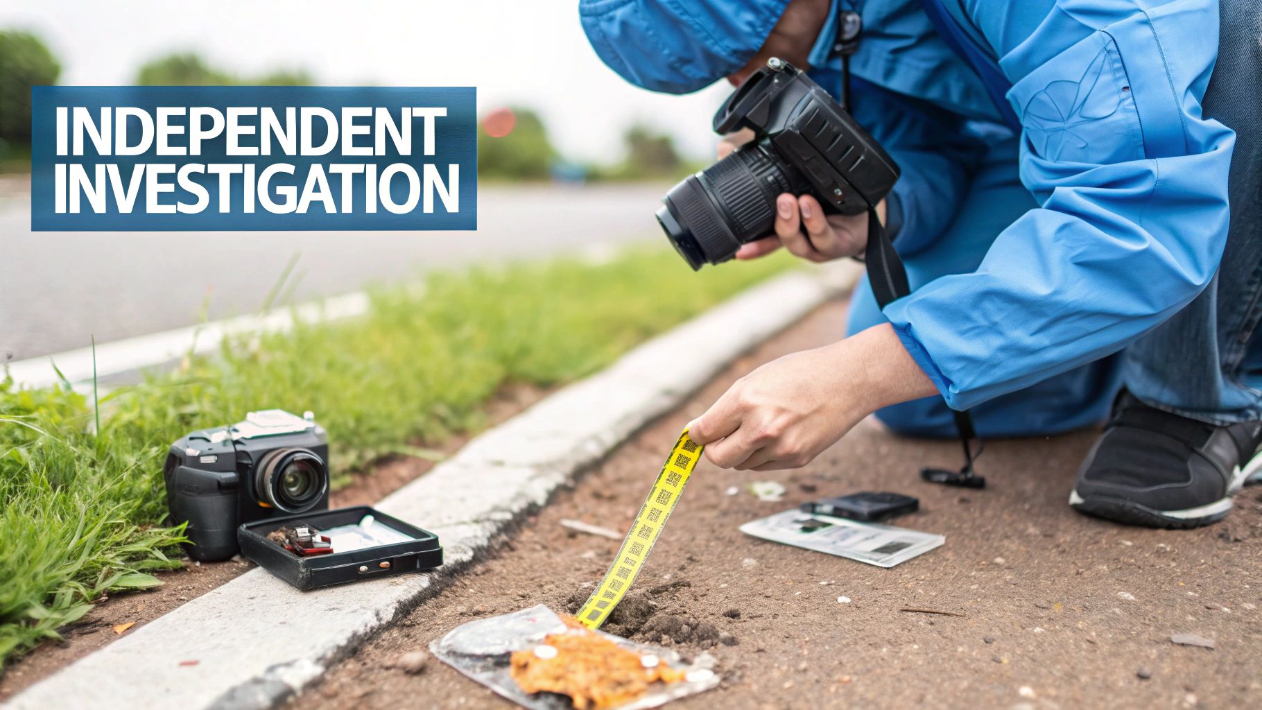 An independent investigator documents evidence at a scene, taking photos and measurements of items on the ground.