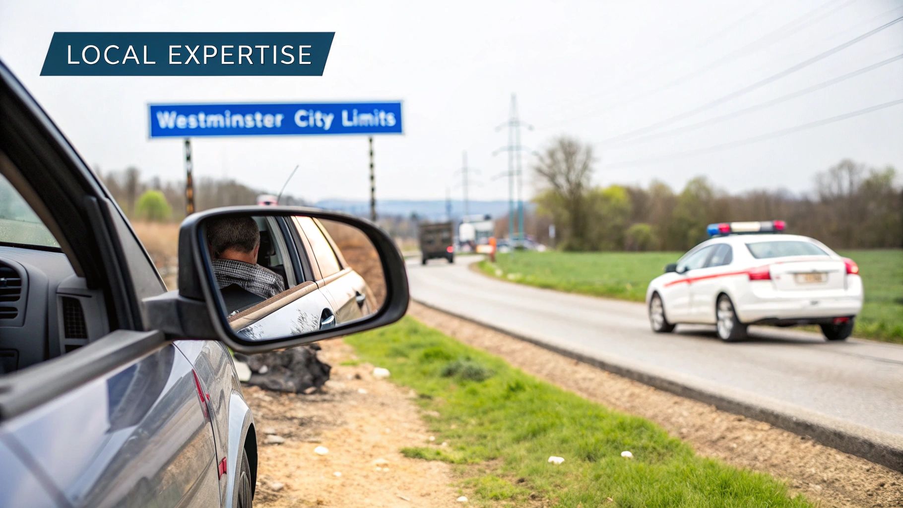 View from a car's side mirror showing a "Westminster City Limits" sign and a distant police car.