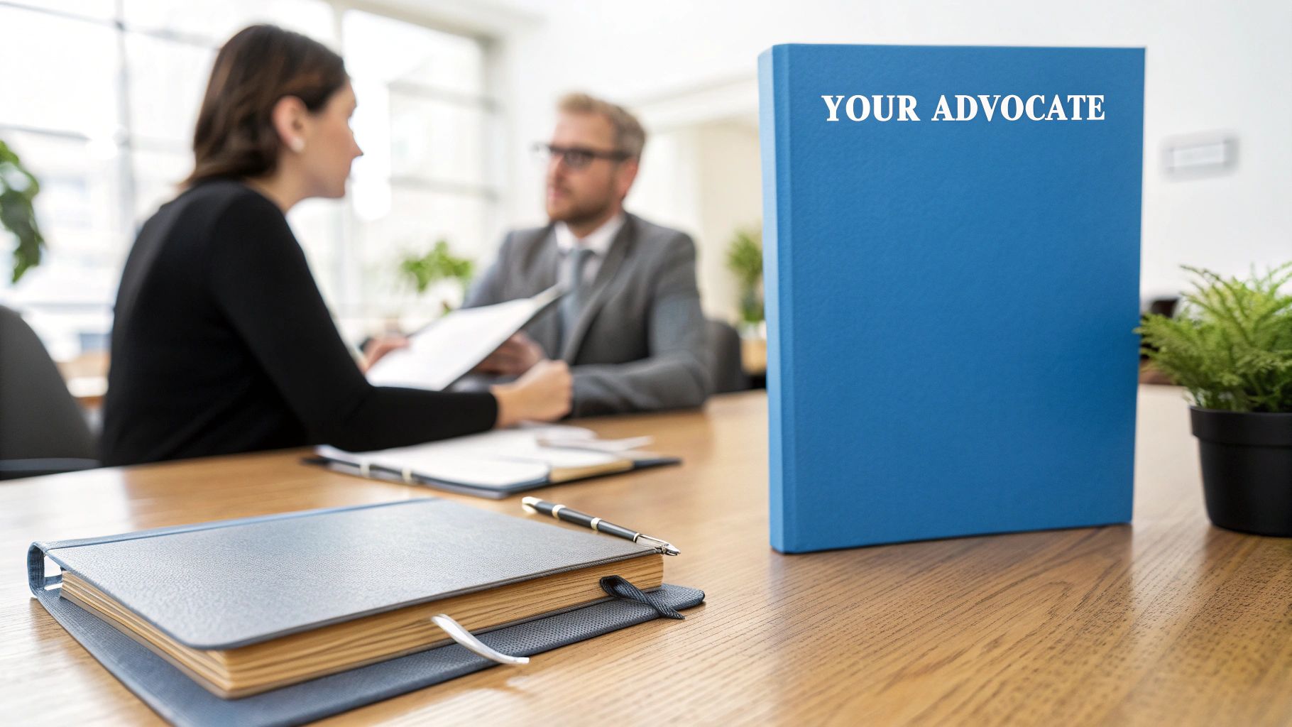 A blue binder labeled 'YOUR ADVOCATE' on a table during a professional meeting.
