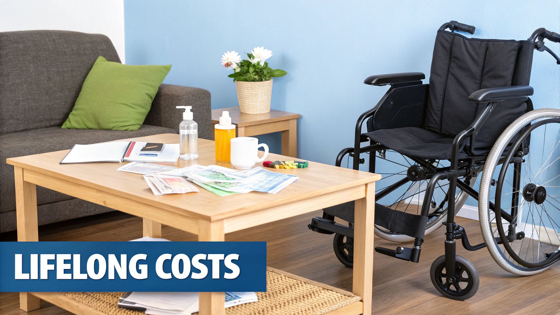 A living room with a wheelchair, sofa, and coffee table displaying documents, symbolizing lifelong costs.
