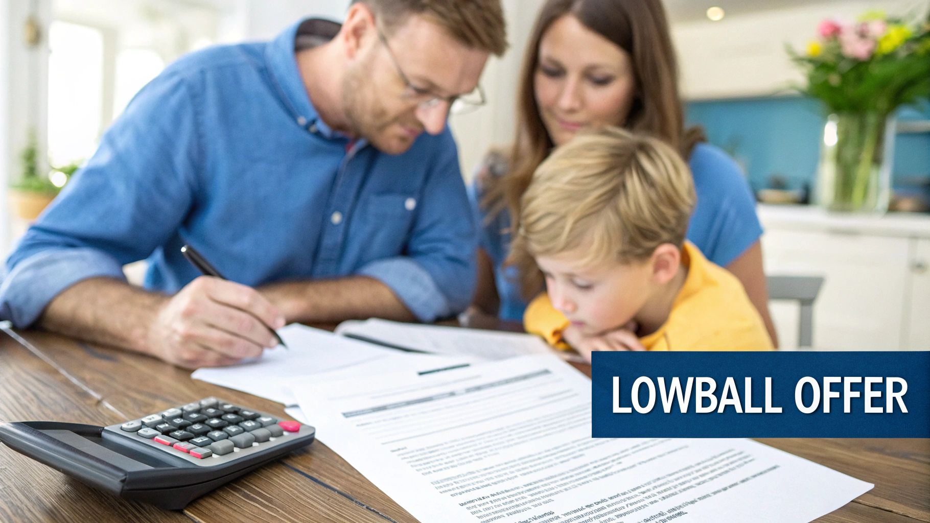 A family reviews financial documents at a table with a calculator, displaying 'LOWBALL OFFER'.