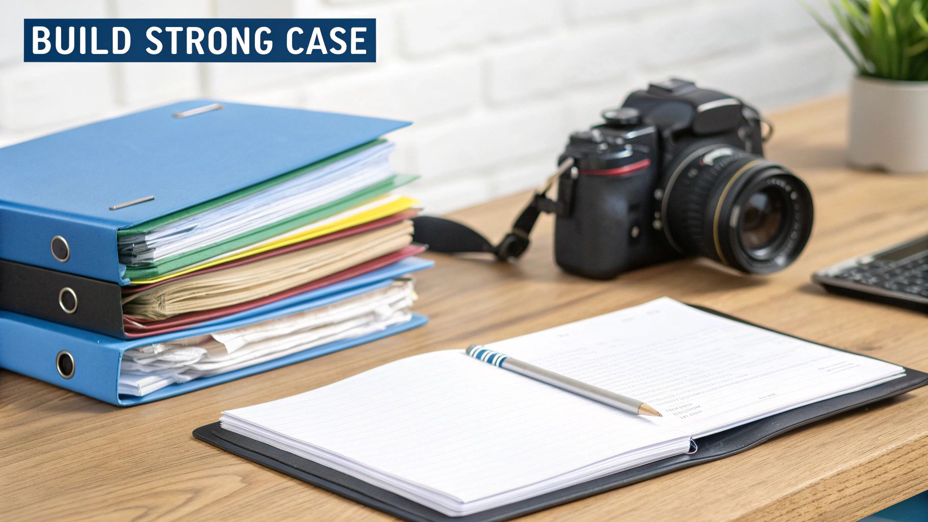 A desk with a stack of legal binders, an open notebook, a pen, and a camera.