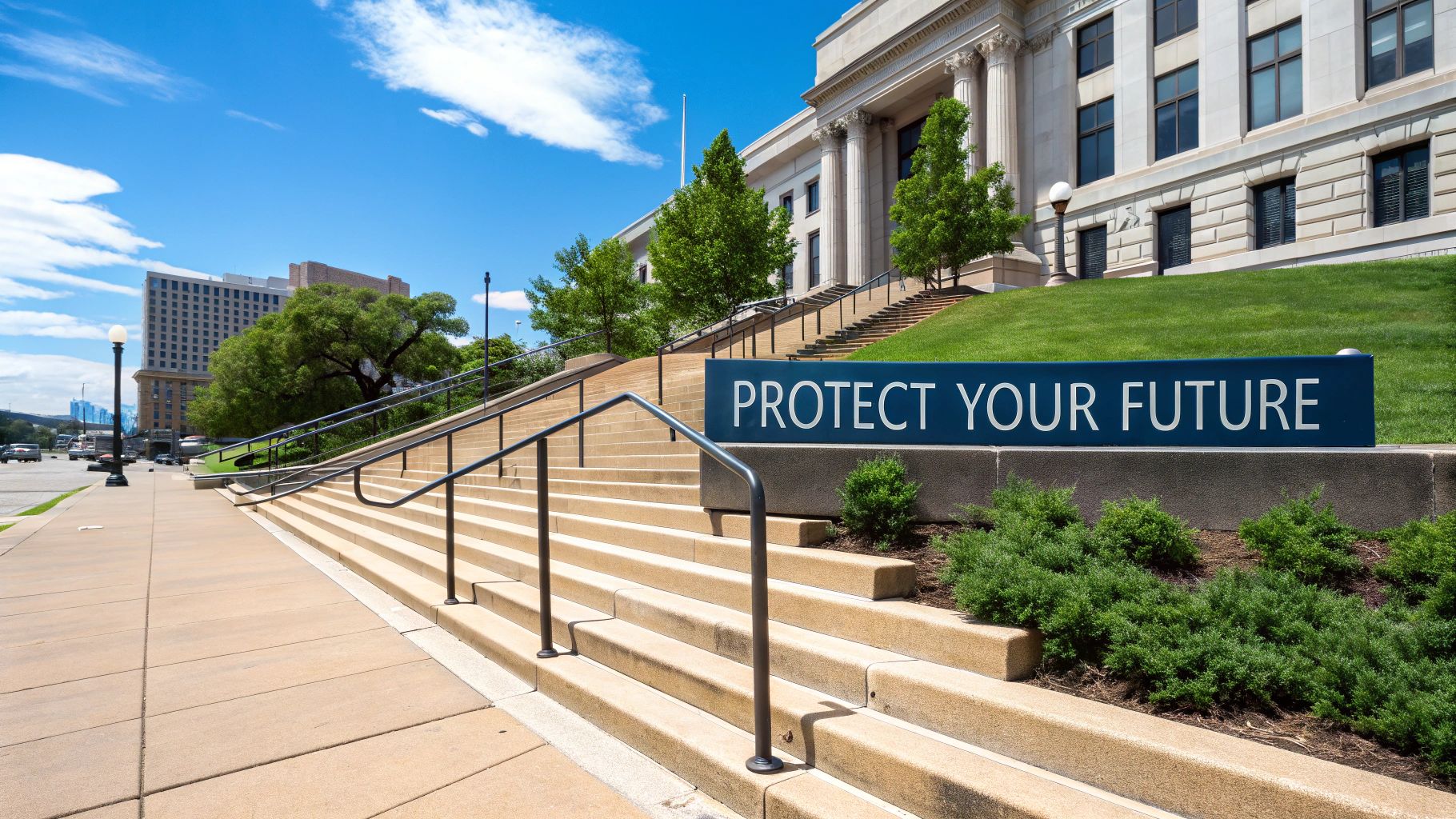 A grand stone building with a wide staircase, with 'PROTECT YOUR FUTURE' sign.