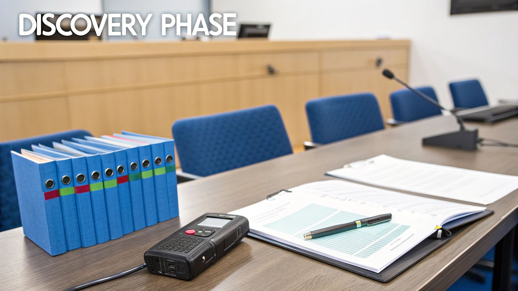 Discovery phase materials: binders, voice recorder, and documents on a conference table with blue chairs.