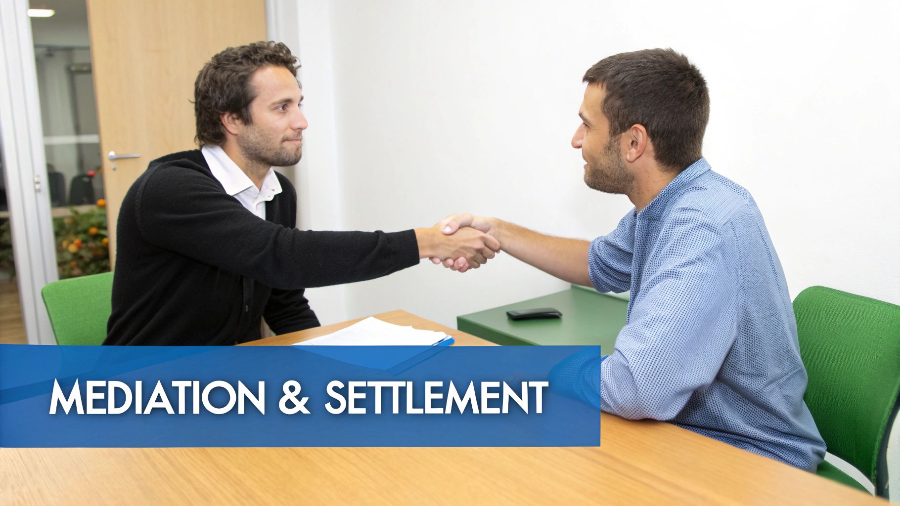 Two men shake hands across a table, symbolizing agreement during mediation and settlement.