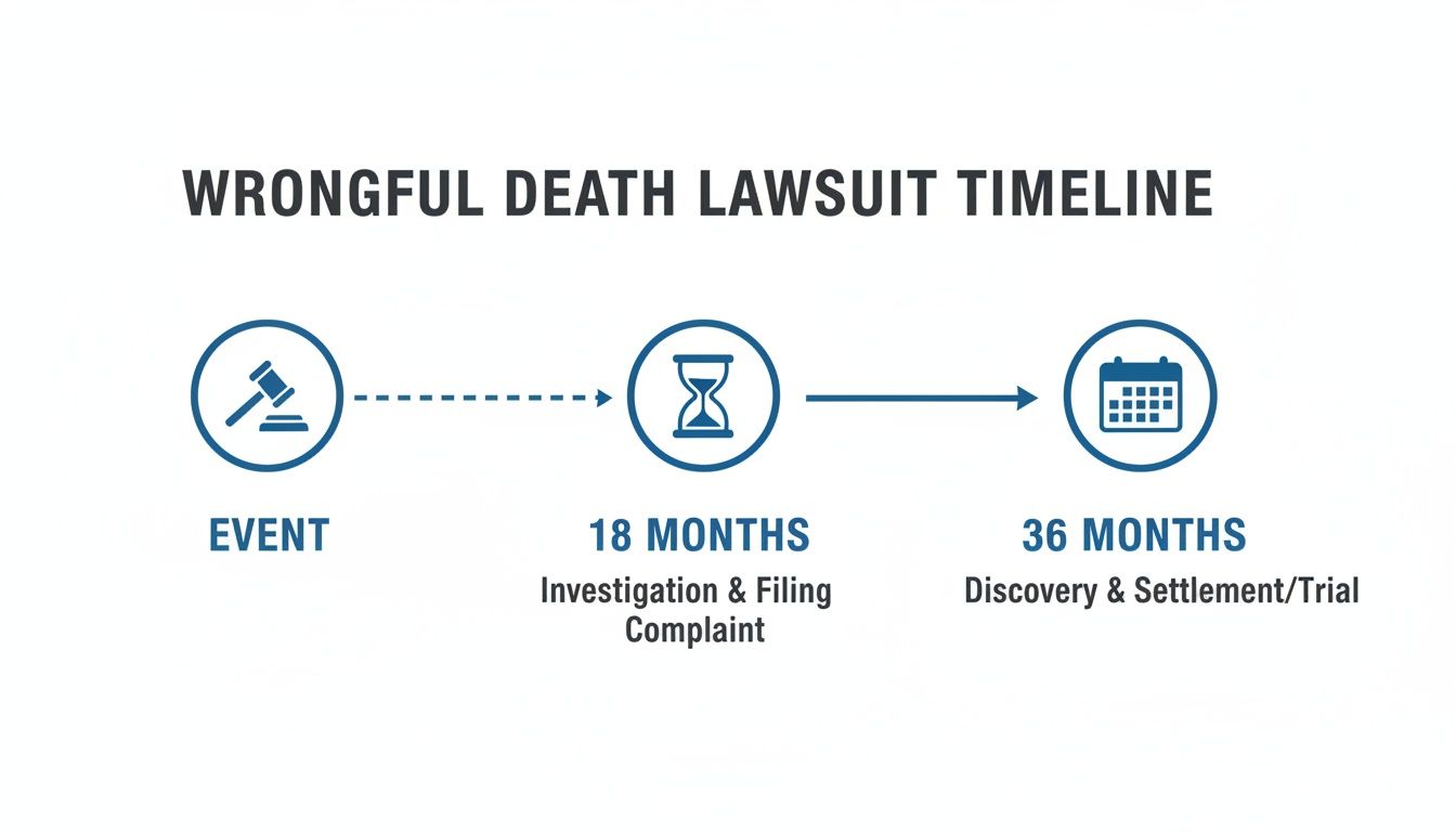 Infographic showing a wrongful death lawsuit timeline: Event, 18 months for investigation, 36 months for discovery and trial.