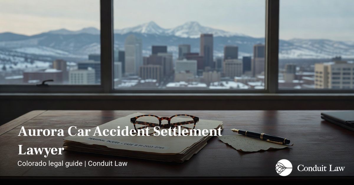 Aurora car accident settlement lawyer with case file and Colorado courthouse backdrop