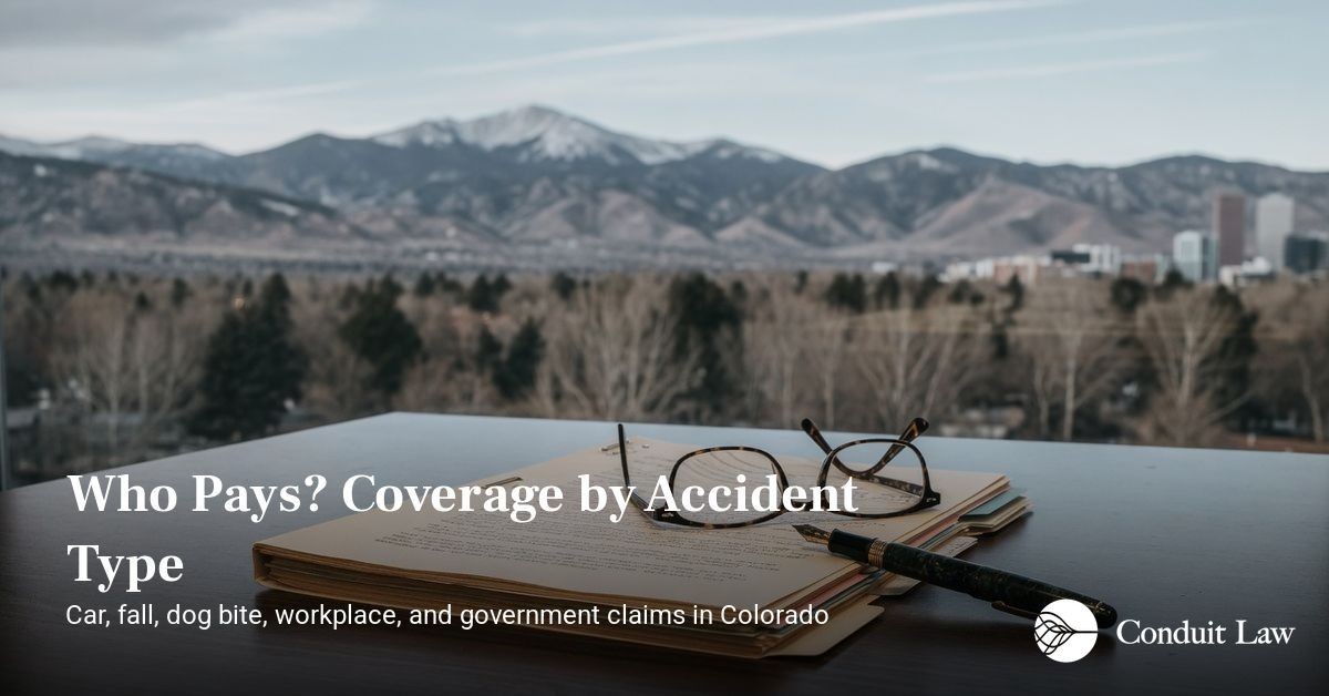 Case folder, reading glasses, and fountain pen on a desk overlooking the Colorado Front Range and a city skyline, captioned Who Pays? Coverage by Accident Type: car, fall, dog bite, workplace, and government claims in Colorado