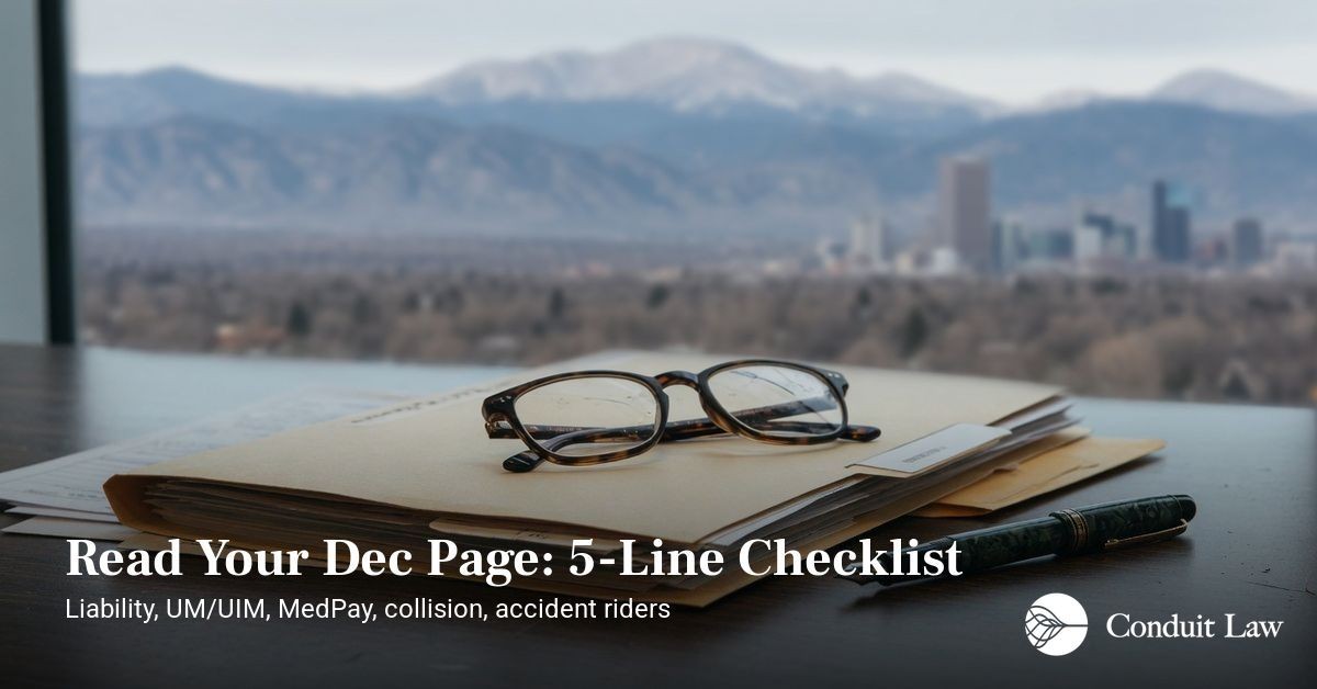 Folder of insurance papers, reading glasses, and a pen on a desk with the Denver skyline and mountains behind, captioned Read Your Dec Page: 5-Line Checklist covering liability, UM/UIM, MedPay, collision, and accident riders